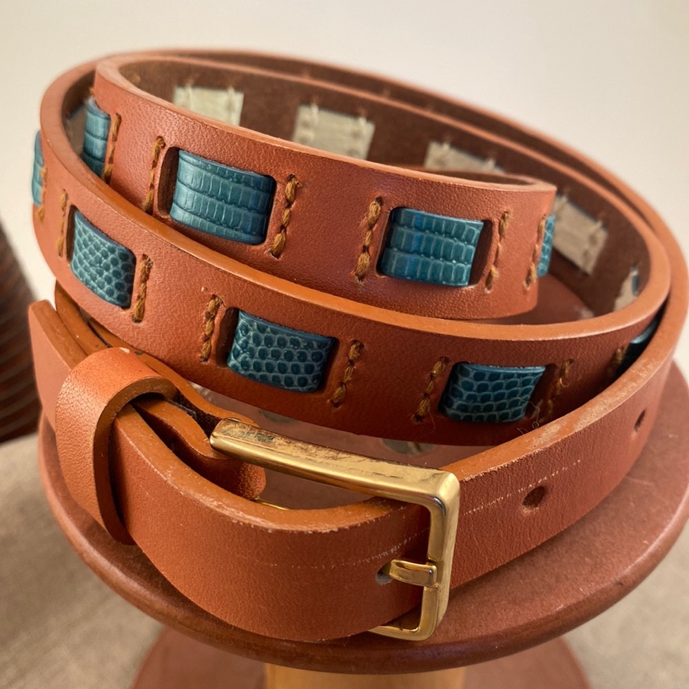 Natural Vachette Leather Belt - Women - Turquoise Accent. Brass - ¾”